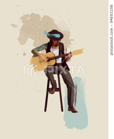 Contemporary art collage. Portrait of stylish man, rock musician playing guitar, performing. Pastel drawings Contemporary art collage. Portrait of stylish man, rock musician playing guitar, performing. Pastel drawings 94693206