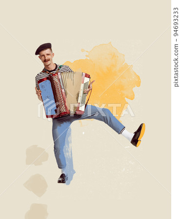 Contemporary art collage. Cheerful young boy playing accordion. Countryside style, performance. Pastel colors Contemporary art collage. Cheerful young boy playing accordion. Countryside style, performance. Pastel colors 94693233