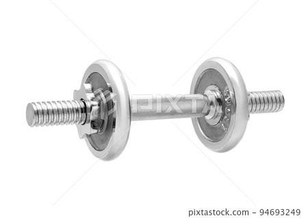 gray adjustable dumbbell from stainless steel with roughened non-slip handle, prefabricated accessory consisting of threaded rod and extra weight pancakes isolated on white background side view. 94693249
