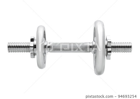 adjustable dumbbell from stainless steel, prefabricated accessory consisting of a threaded rod and different weight uneven load isolated on white background front view concept, nobody. 94693254