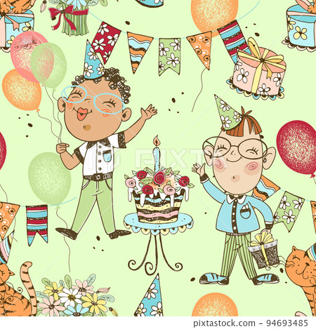 Seamless pattern on the birthday theme. Funny children with balloons and gifts and a cake for the evening. Vector. Seamless pattern on the birthday theme. Funny children with balloons and gifts and a cake for the evening. Vector. 94693485