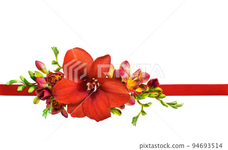 Floral arrangement with red amaryllis and freesia flowers with satin ribbon isolated on white 94693514