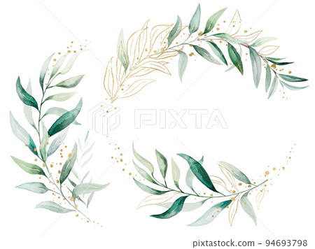 Geometric golden bouquets made of green watercolor eucalyptus leaves, wedding illustration 94693798