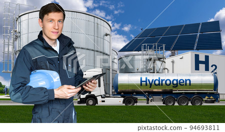 Engineer on a background of Hydrogen factory Engineer on a background of Hydrogen factory 94693811