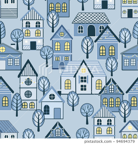 Seamless pattern of doodle houses. Great for fabric, textile vector illustration 94694379