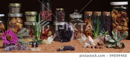 Amethyst Crystals and Chakra Stones on Australian Red Sand. Meditation Table Amethyst Crystals and Chakra Stones on Australian Red Sand. Meditation Table 94694468