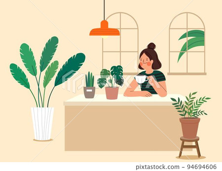 plant lover, home gardener drawing_tea time, plant interior 94694606