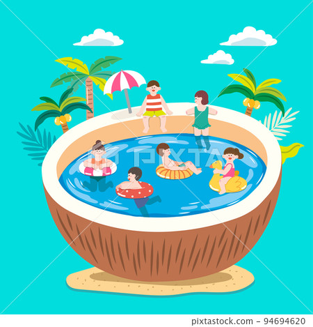 cute summer drawing poster with little people playing in coconut pool cute summer drawing poster with little people playing in coconut pool 94694620