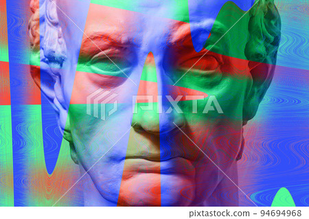 Antique sculpture of human face in artificial intelligence pop art style. Modern creative concept image with ancient statue head. Contemporary neural network art poster. Funky punk collage design. 94694968