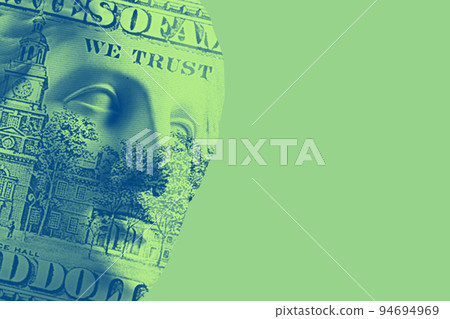 Antique sculpture of human face in artificial intelligence pop art style. Modern creative concept image with ancient statue head. Contemporary neural network art poster. Funky punk collage design. 94694969