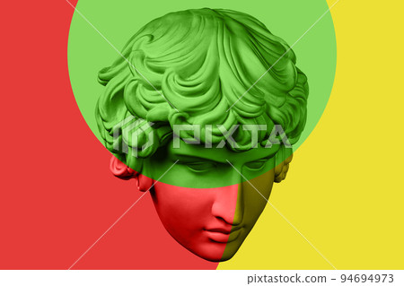Antique sculpture of human face in artificial intelligence pop art style. Modern creative concept image with ancient statue head. Contemporary neural network art poster. Funky punk collage design. 94694973