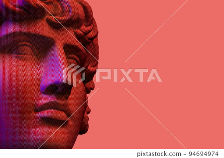 Antique sculpture of human face in artificial intelligence pop art style. Modern creative concept image with ancient statue head. Contemporary neural network art poster. Funky punk collage design. 94694974