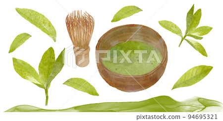 抹茶茶碗、茶拂和茶葉的水彩手繪插圖集 抹茶茶碗、茶拂和茶葉的水彩手繪插圖集 94695321
