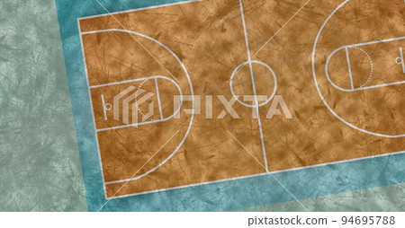Composition of brown and blue basketball court overhead view over textured background Composition of brown and blue basketball court overhead view over textured background 94695788