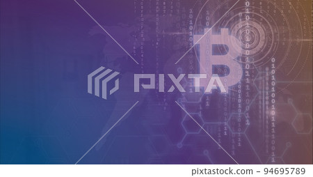 Composition of bitcoin symbol, binary coding processing on world map background Composition of bitcoin symbol, binary coding processing on world map background 94695789