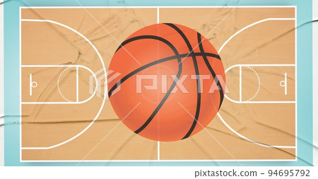 Composition of basketball over basketball court distressed background Composition of basketball over basketball court distressed background 94695792