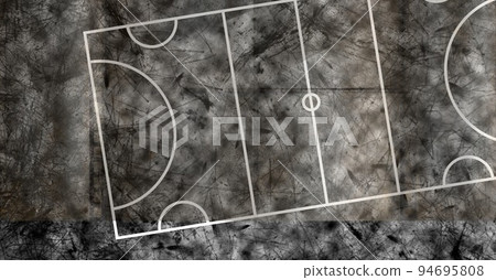 Composition of white basketball court grid overhead view over black textured background Composition of white basketball court grid overhead view over black textured background 94695808