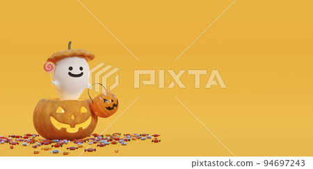 A ghost jumping out of a jack-o-lantern and begging for sweets / Pop and fun Halloween image 94697243