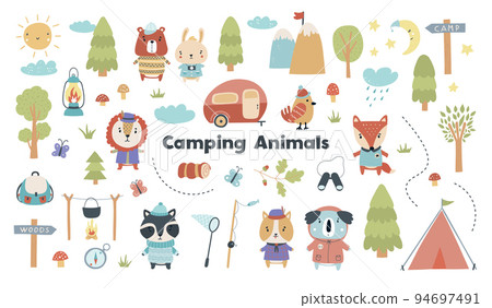 A cute set with camping, forest animals, scout badges, tents and more. Vector illustration 94697491