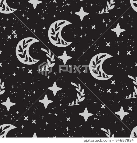 Fantasy seamless pattern. Vector pattern with moon, star and leaves. Black elements on white background. Fantasy seamless pattern. Vector pattern with moon, star and leaves. Black elements on white background. 94697954