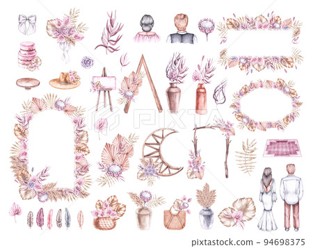 Watercolor boho wedding set with bride and groom-插圖素材 [94698375] - PIXTA圖庫
