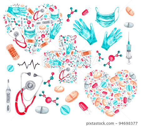 Watercolor medical set on a white background 94698377