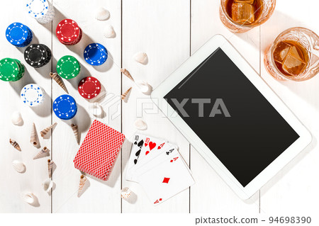 Post blog social media poker. Banner template layout mockup for online casino. Wooden white table, top view on workplace. Post blog social media poker. Banner template layout mockup for online casino. Wooden white table, top view on workplace. 94698390