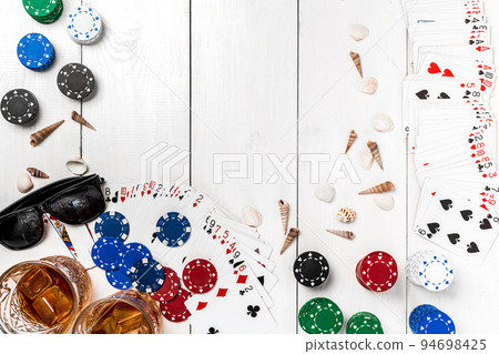 Post blog social media poker. Banner template layout mockup for online casino. Wooden white table, top view on workplace. 94698425