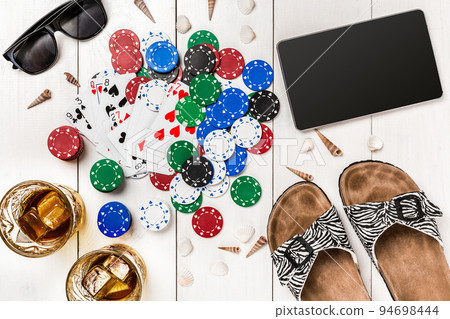 Post blog social media poker. Banner template layout mockup for online casino. Wooden white table, top view on workplace. 94698444