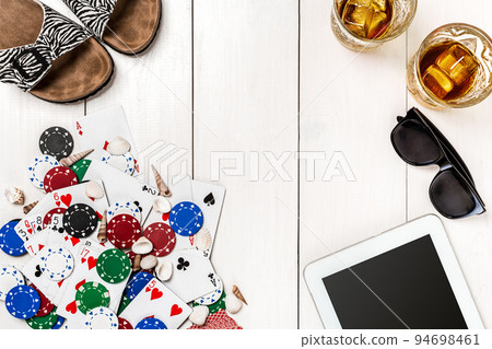 Post blog social media poker. Banner template layout mockup for online casino. Wooden white table, top view on workplace. 94698461