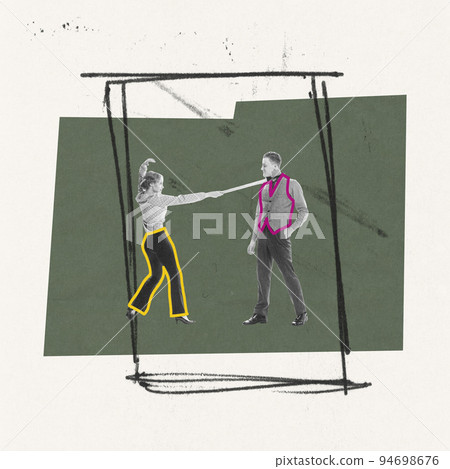 Contemporary art collage. Stylish young people dancing over green background. Doodle elements 94698676