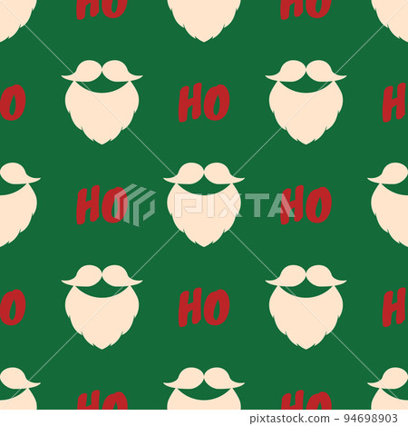 Seamless background with a beard, mustache, and text Ho Ho Ho. Christmas vector pattern. Red and beige elements on green color.Design for poster backdrop, gift wrappers, textiles, fabrics, and packing 94698903