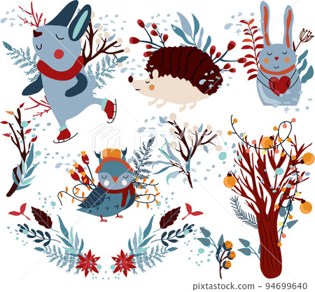 Winter compositions cute rabbit holding a heart, funny owl in a scarf, rabbit on skates, Christmas wreath and other. Cute winter animals for greeting cards, poster, postcard, banner. Vector. 94699640