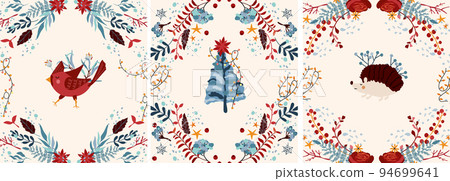 Cute winter composition with northern cardinal, funny hedgehog and Christmas tree in wreath, flowers and leaves.Cute winter animals.Perfect for greeting cards, poster, postcard, banner. Vector 94699641