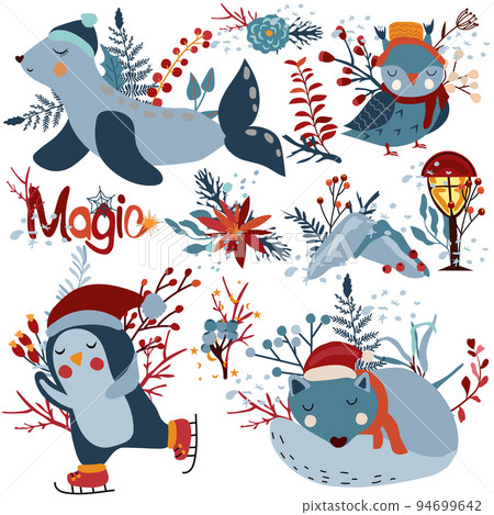 Cute winter Arctic animals, cute seal, funny penguin on skates, sleeping wolf, snowy mountains and flowers and leaves.Cute winter animals for greeting cards, poster, postcard, banner. Vector. 94699642