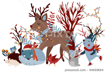 Winter composition with cute rabbit in a scarf on skates, sleeping wolf, hedgehog, funny reindeer, leaves, tree and other. Winter funny animal. Perfect for greeting cards, poster, postcard, banner Winter composition with cute rabbit in a scarf on skates, sleeping wolf, hedgehog, funny reindeer, leaves, tree and other. Winter funny animal. Perfect for greeting cards, poster, postcard, banner 94699664
