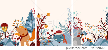 Winter composition with dancing fox in a scarf, the wolf sleeping among the mountains, the mouse holds the berries, leaves, tree and other. Winter animal. Perfect for greeting cards, poster, postcard Winter composition with dancing fox in a scarf, the wolf sleeping among the mountains, the mouse holds the berries, leaves, tree and other. Winter animal. Perfect for greeting cards, poster, postcard 94699666