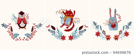 Cute winter composition with penguin a scarf, funny cat and cute rabbit in wreath, flowers and leaves.Cute winter animals.Perfect for greeting cards, poster, postcard, banner. Vector. 94699676