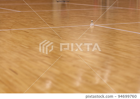 在健身房地板上的羽毛球穿梭 在健身房地板上的羽毛球穿梭 94699760