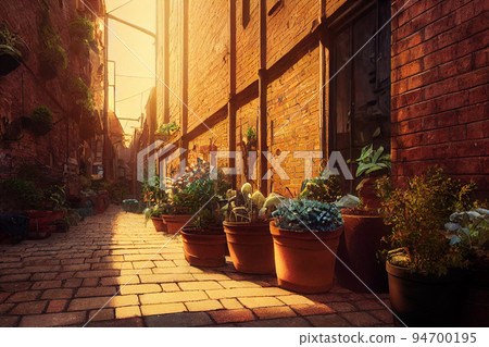 illustration alley twilight europe brick building plant city 94700195