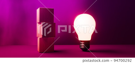 Glowing light bulb with wooden blocks - 3D 94700292