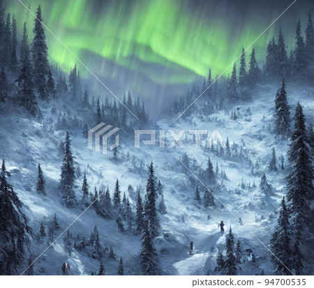 Snowy mountains and aurora scenery nature Snowy mountains and aurora scenery nature 94700535