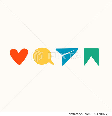 Like, share, save and repost stickers for a social media, making a blog or vlog vector flat illustration. Set of cartoon icons for making internet content 94700775
