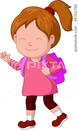 Cute little school girl cartoon waving hand 94701760
