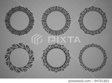 Set of decorative frames Elegant vector element for design in Eastern style, place for text. Floral black and gray borders. Lace illustration for invitations and greeting cards 94701801