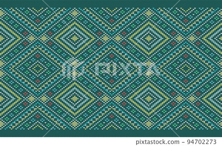 Knitted ethnic pattern, Vector cross stitch ornament background, Green and yellow pattern knitting fashion 94702273