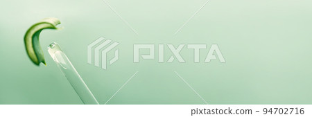 Banner cosmetic pipette with aloe juice close-up and a piece of aloe on green. background with copy space. Macro photography of a transparent glass pipette. Beauty concept, aromatherapy oil, medicine. Banner cosmetic pipette with aloe juice close-up and a piece of aloe on green. background with copy space. Macro photography of a transparent glass pipette. Beauty concept, aromatherapy oil, medicine. 94702716