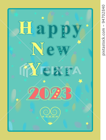 Happy New Year 2023. Artistic font with stars decor - green and yellow lettersm red numerals. Vector Greeting Card. Blue watercolor background with big yellow heart 94702840