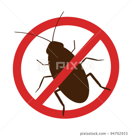 Silhouette of cockroach in prohibition sign. Icon of insect in red circle. Line graphic design. Vector illustration. Silhouette of cockroach in prohibition sign. Icon of insect in red circle. Line graphic design. Vector illustration. 94702915