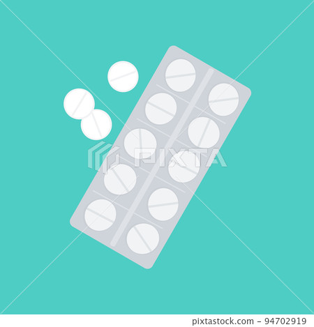 Illustration of a pack of round pills on mint background. Illustration of a pack of round pills on mint background. 94702919